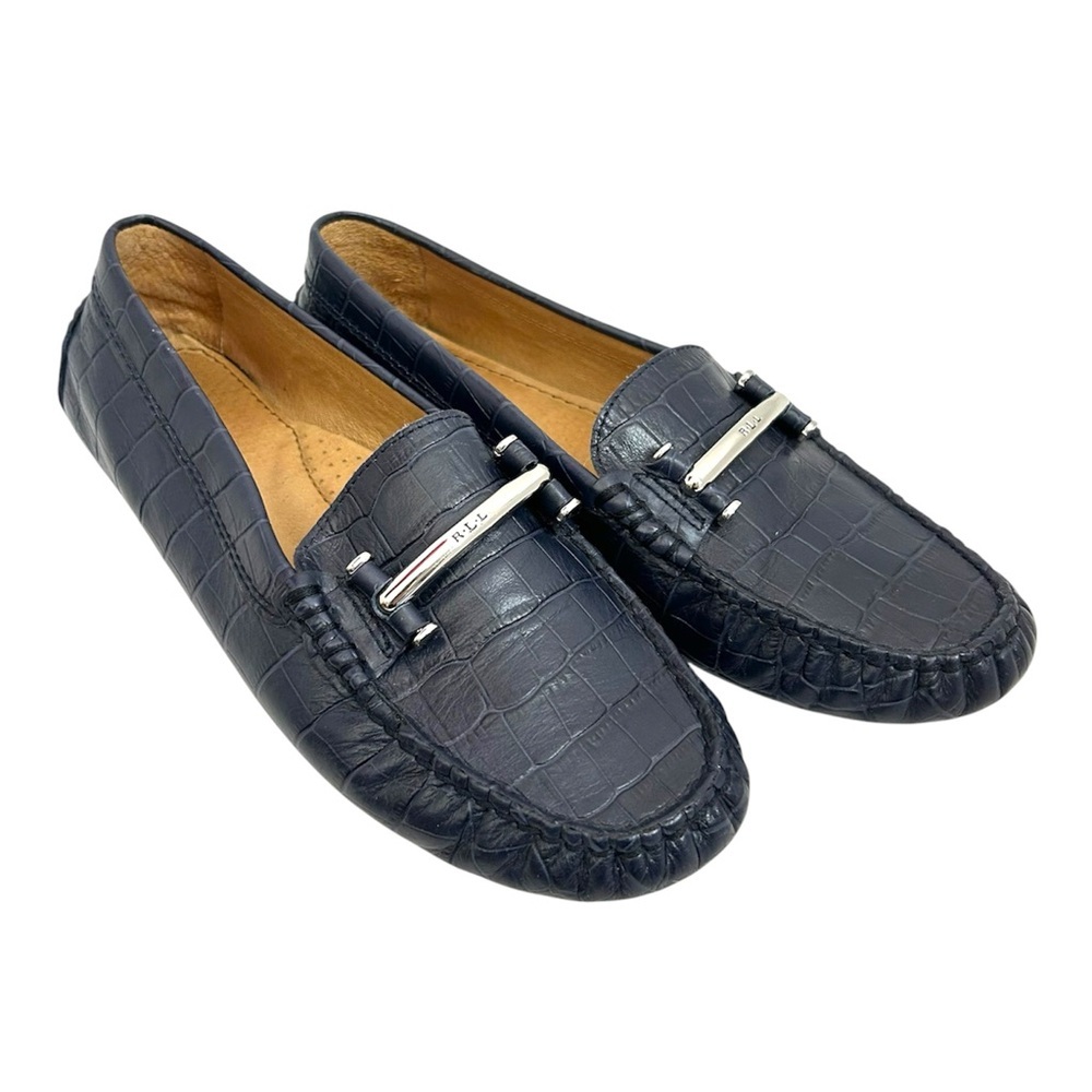 Lauren Ralph Lauren Caliana Croc Embossed Navy Leather Driving Loafers 7.5